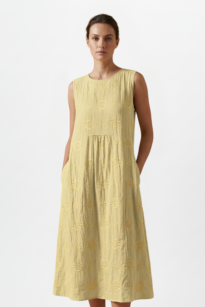 Detailed textured pattern women's midi dress, sleeveless, round neck, comfortable for spring & summer style.