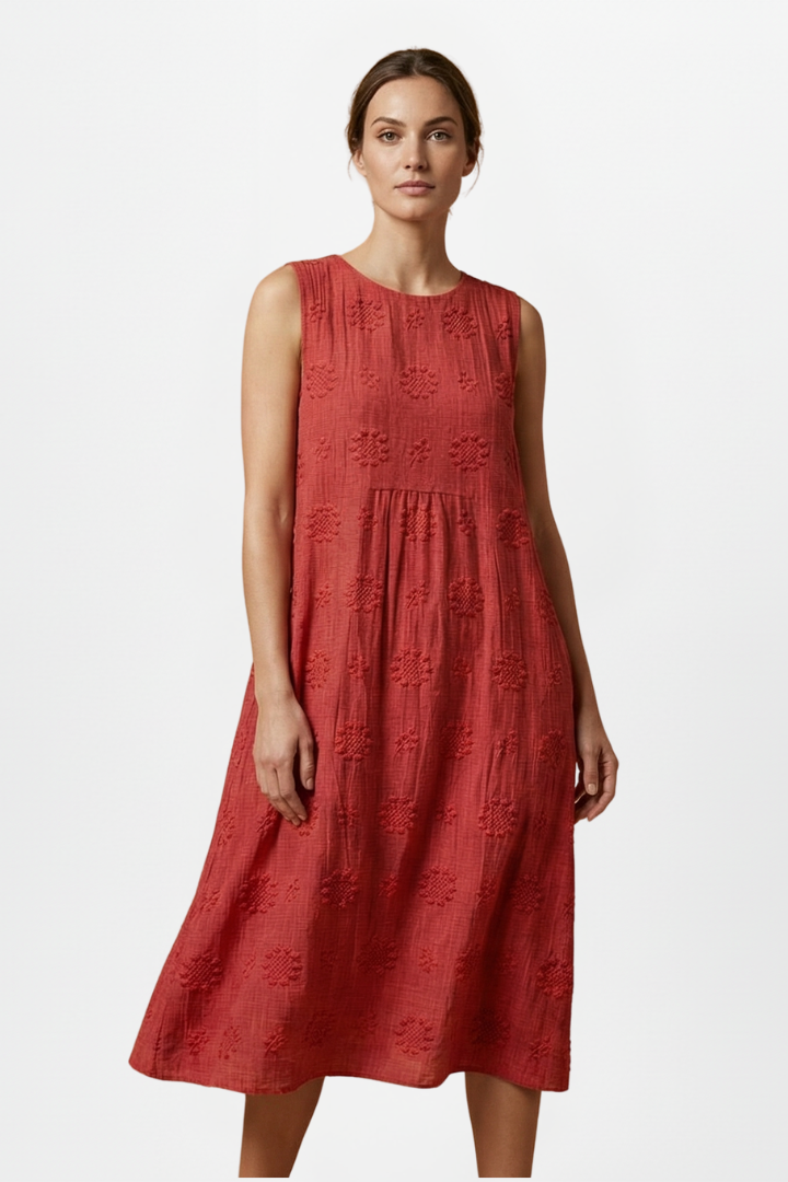Breathable women's sleeveless midi dress with a stylish textured pattern, round neck, perfect for summer.