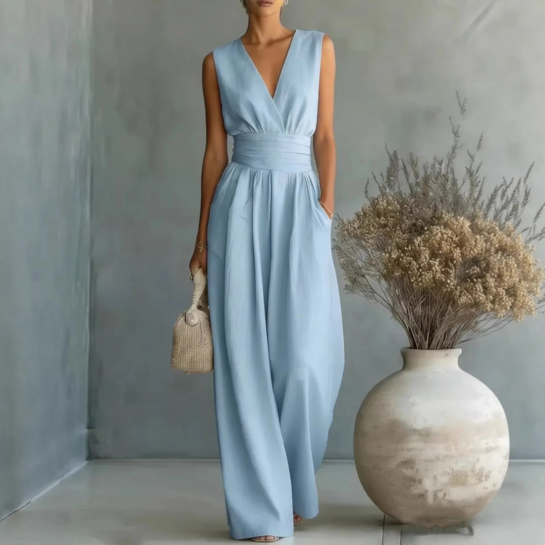 Women's sleeveless V-neck wide-leg jumpsuit, perfect for elegant casual summer style.