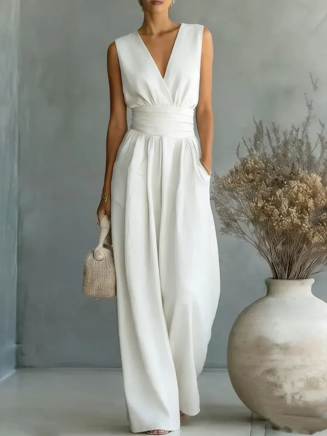 Stylish women's sleeveless V-neck wide-leg jumpsuit, a versatile one-piece for effortless fashion.