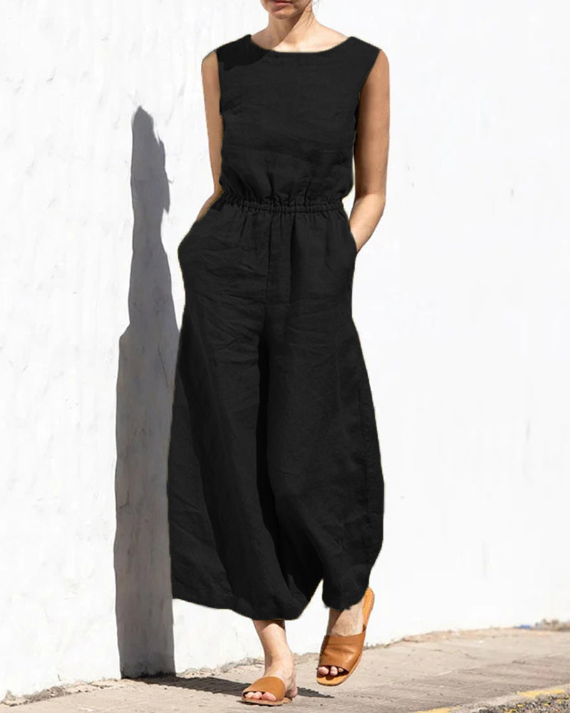 Women's sleeveless wide leg jumpsuit. A versatile, chic, and comfortable one-piece for your summer wardrobe.