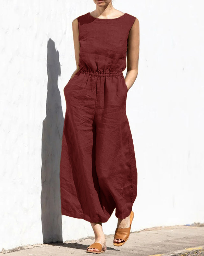 Modern women's sleeveless wide leg jumpsuit. Effortless summer fashion; casual, elegant & comfortable.