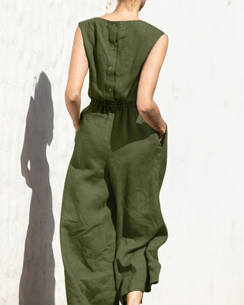 Elegant women's sleeveless wide leg jumpsuit. Perfect for casual or dressed-up summer style.