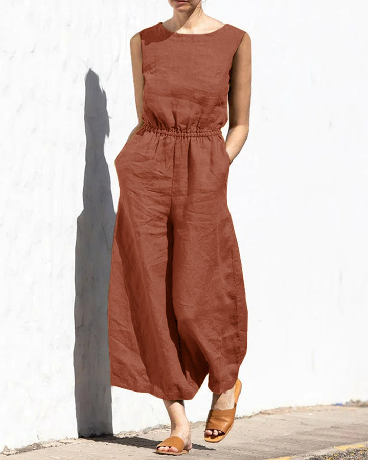 Women's sleeveless wide leg jumpsuit in soft fabric for ultimate comfort & chic summer style.