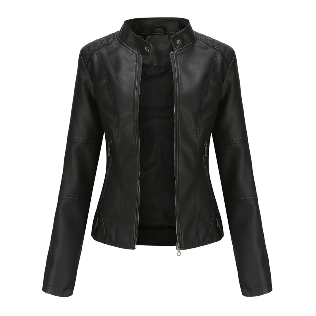 Women's slim-fit faux leather biker jacket in black, front view, for an edgy chic look