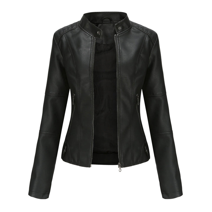 Women's slim-fit faux leather biker jacket in black, front view, for an edgy chic look