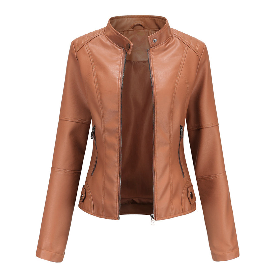 Side view of a women's black faux leather biker jacket, slim fit, perfect for fashion outerwear