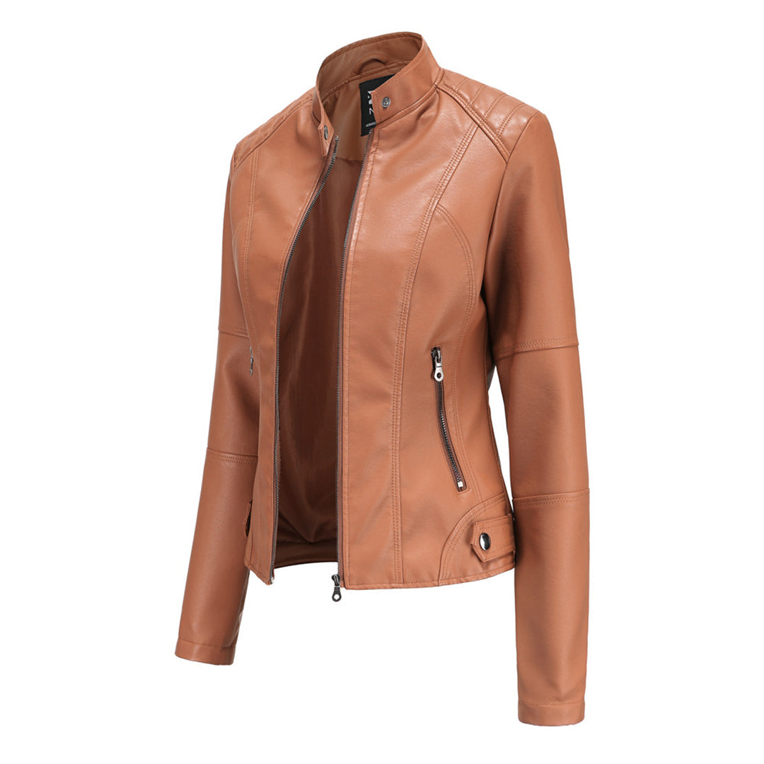 Back view of a women's edgy slim-fit faux leather biker jacket, a stylish outerwear piece