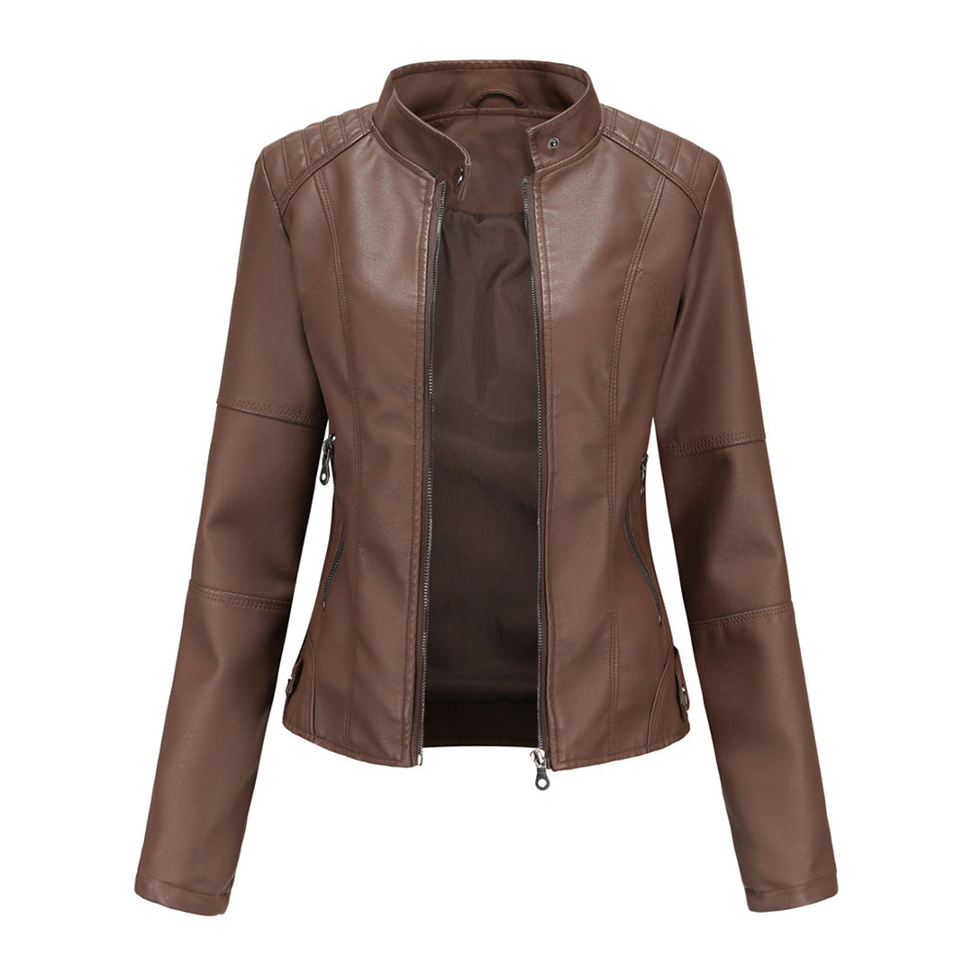 Women wearing a black slim-fit faux leather biker jacket, styled for a modern chic outfit