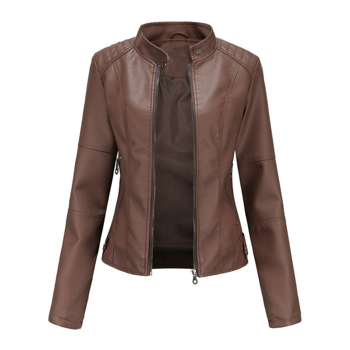 Women wearing a black slim-fit faux leather biker jacket, styled for a modern chic outfit