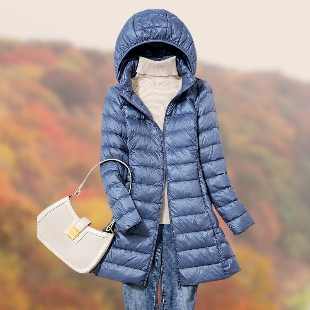 Women's slim-fit hooded puffer jacket in black, ideal for warm winter outerwear