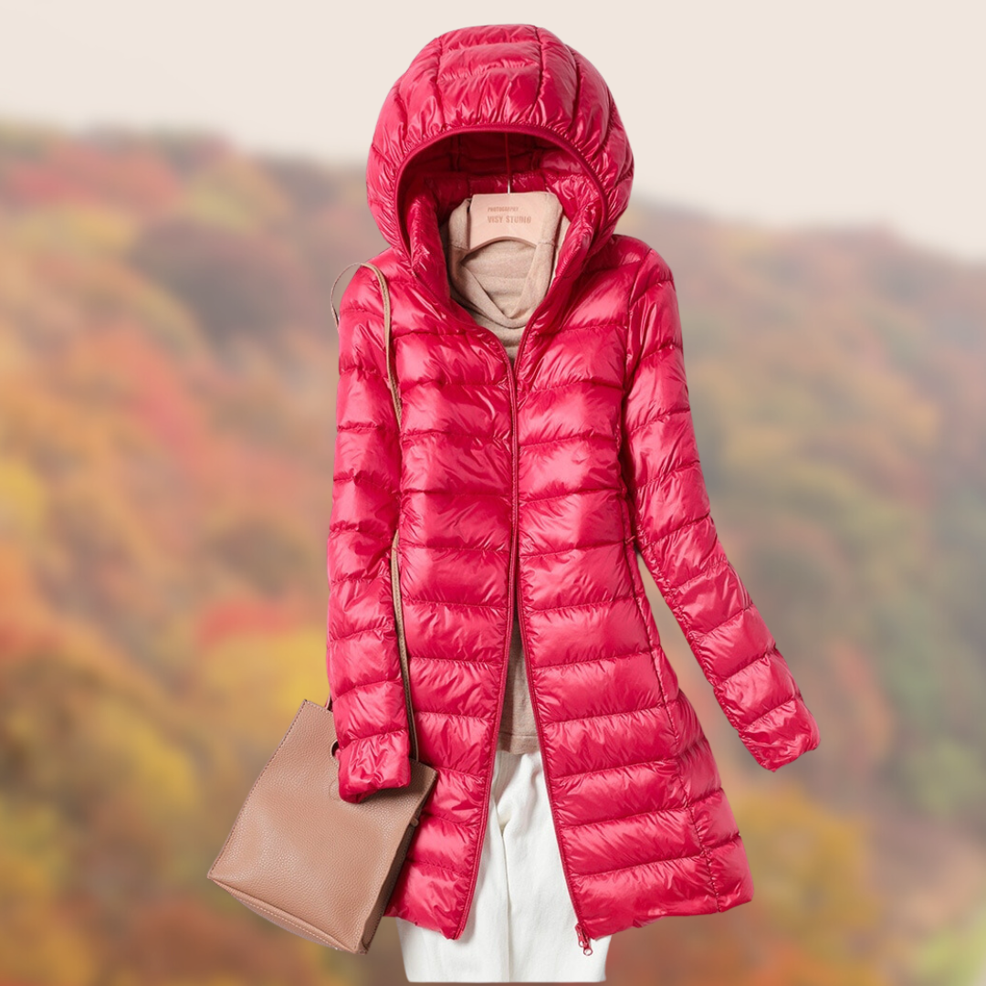 Back view of a women's hooded puffer jacket, emphasizing its sleek slim fit silhouette