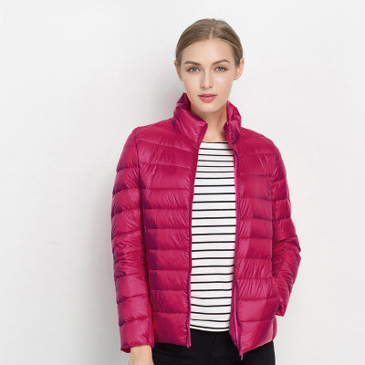 Women's winter jacket, slim fit puffer style, back view, ideal for cold weather outerwear & fashion.