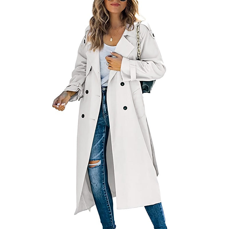 Women's slim-fit trench coat in classic beige, perfect for elegant office wear or stylish casual outfits.