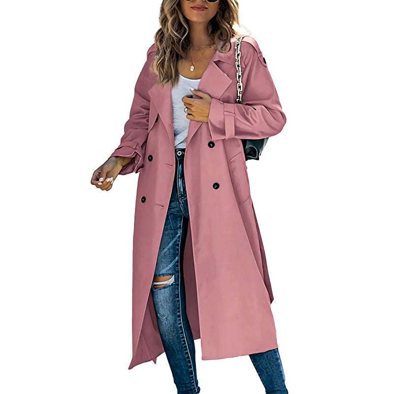 Belted women's long trench coat with a flattering slim fit, ideal as versatile outerwear for all seasons.