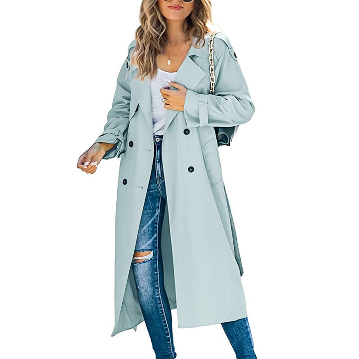 Khaki women's slim trench coat, a timeless & versatile long jacket for both casual and formal styles.