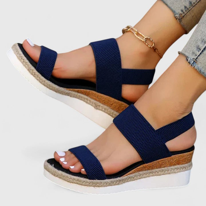Women's open-toe espadrille wedge sandals, slip-on with elastic straps, comfortable jute sole, ideal for summer.