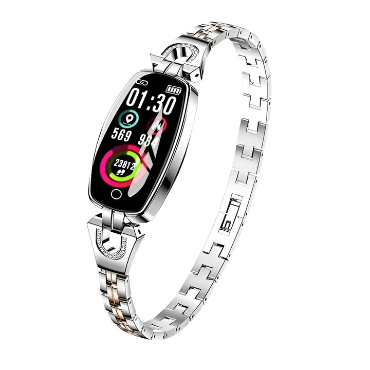 Women's smart fitness tracker with heart rate monitor, activity & sleep tracking for active lifestyles.
