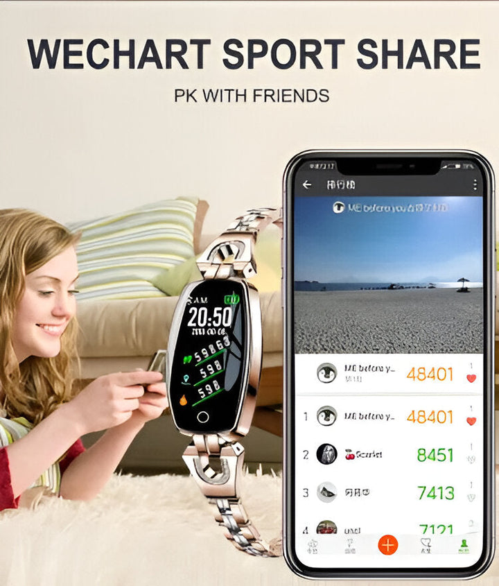 Modern women's wearable tech: smart fitness tracker, heart rate monitor, step, sleep & calorie counter.