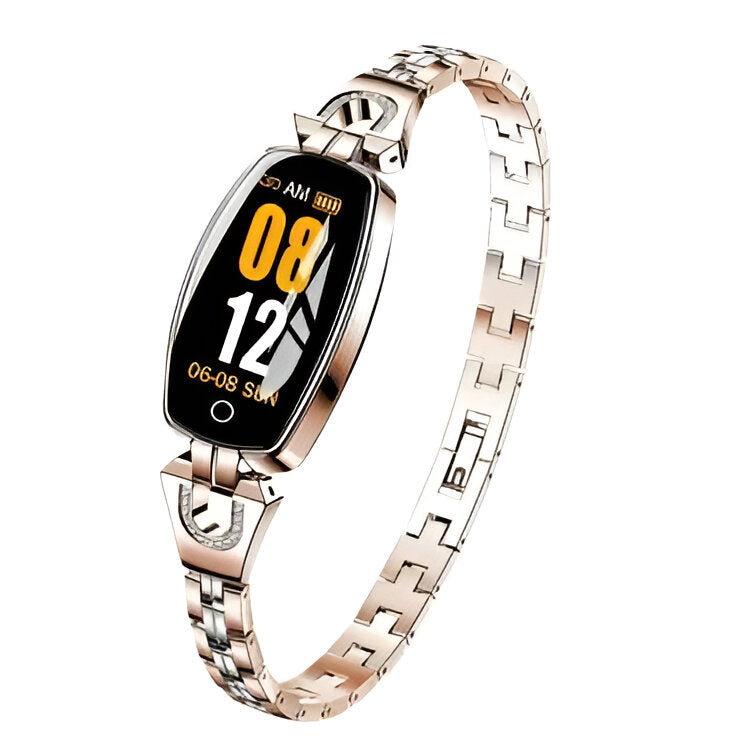 Stylish women's wearable tech, a smart fitness tracker with HR monitor, step counter & health tracking.