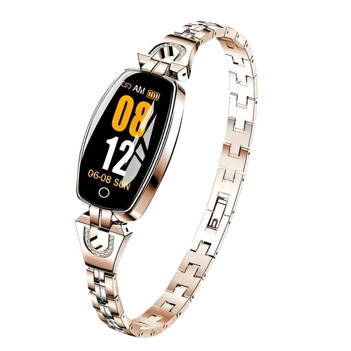 Stylish women's wearable tech, a smart fitness tracker with HR monitor, step counter & health tracking.