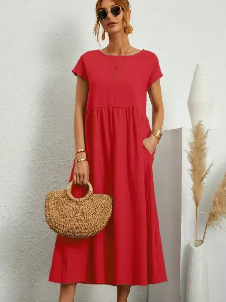 Women's Smock Waist Short Sleeve Maxi Dress, comfortable A-line style perfect for casual summer wear.