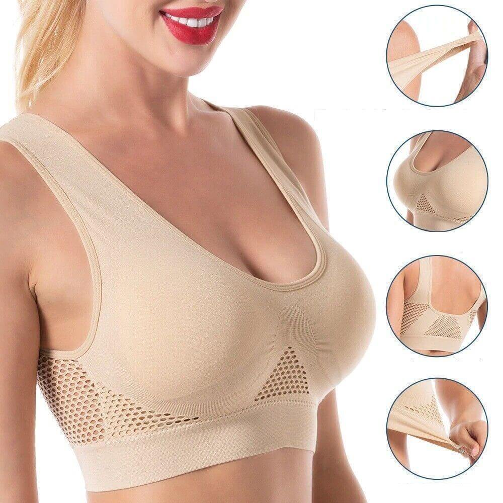 Active workouts: women's seamless breathable mesh sports bra, medium support.