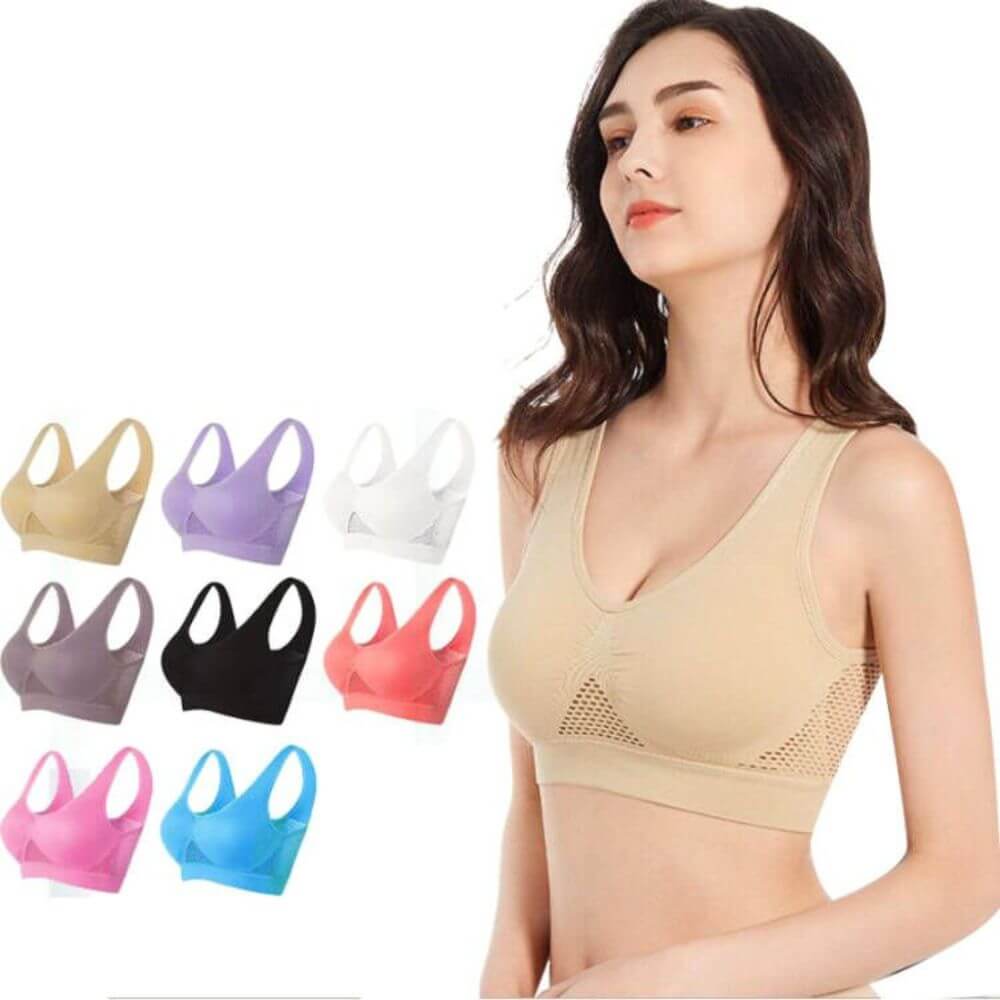 Seamless activewear women's sports bra, breathable mesh, perfect for medium support workouts.