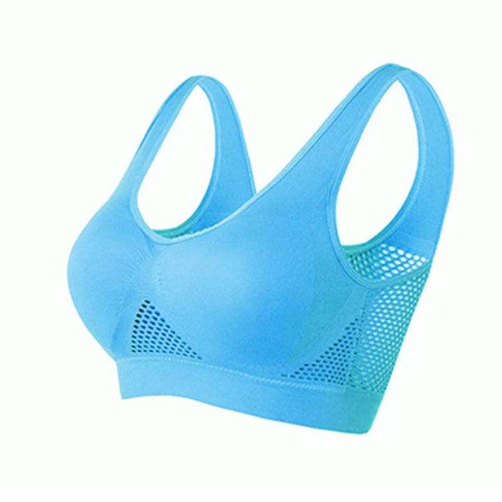 Seamless women's gym bra with breathable mesh for yoga & running workouts.