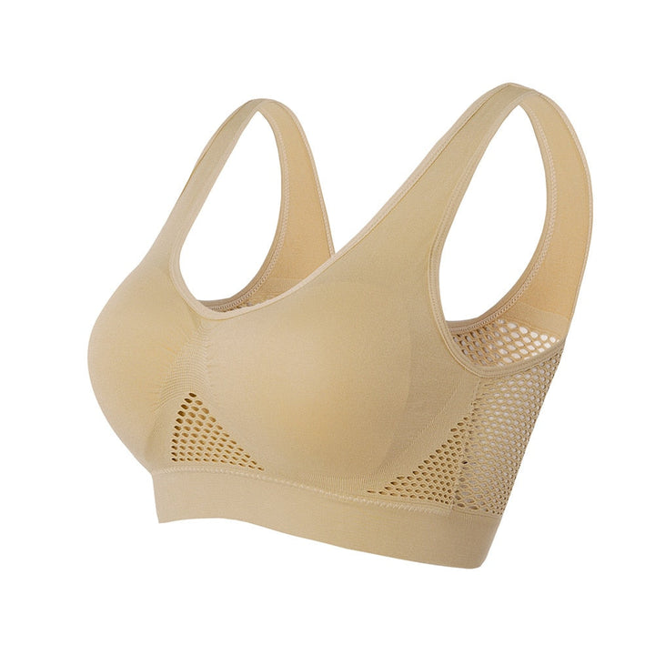 Activewear women's sports bra, Sofia, featuring breathable mesh & medium support.