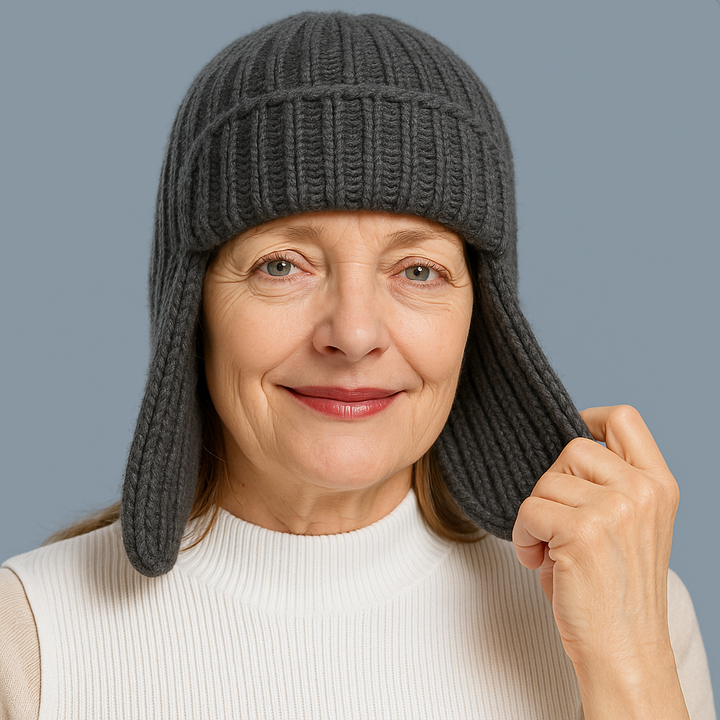 Close-up of a women's cashmere blend beanie, highlighting its soft texture and quality knit.