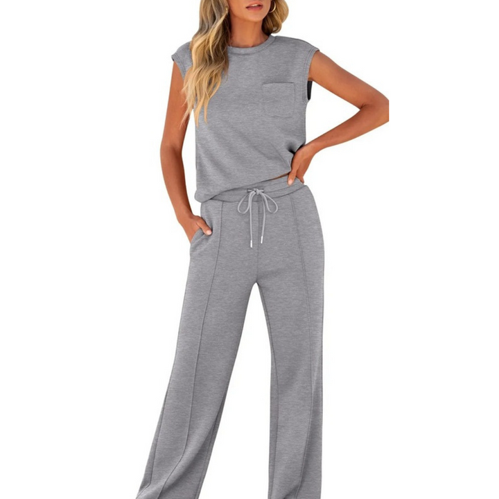 Soft women's casual summer outfit, a comfortable matching set for relaxed everyday style.