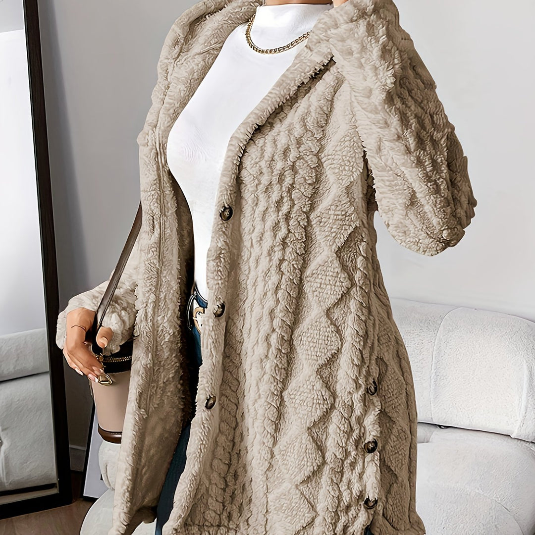 Cozy & warm women's long hooded cardigan in a soft knit, ideal for stylish outerwear.