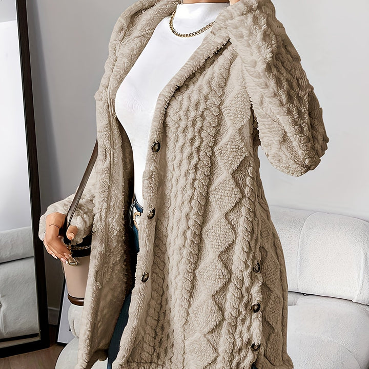 Cozy & warm women's long hooded cardigan in a soft knit, ideal for stylish outerwear.