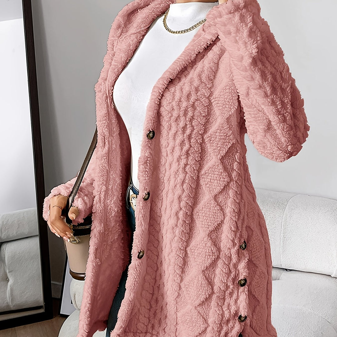 Stylish loose-fit women's hooded long cardigan for casual fall & winter fashion.