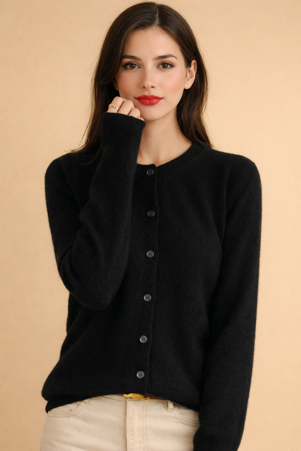 Women's soft knit cardigan with button-front closure, long sleeves, perfect for comfortable everyday wear.