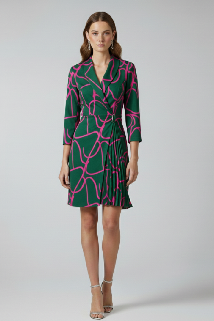 Women's chic office wear blazer dress with a tailored fit and distinctive notched collar.