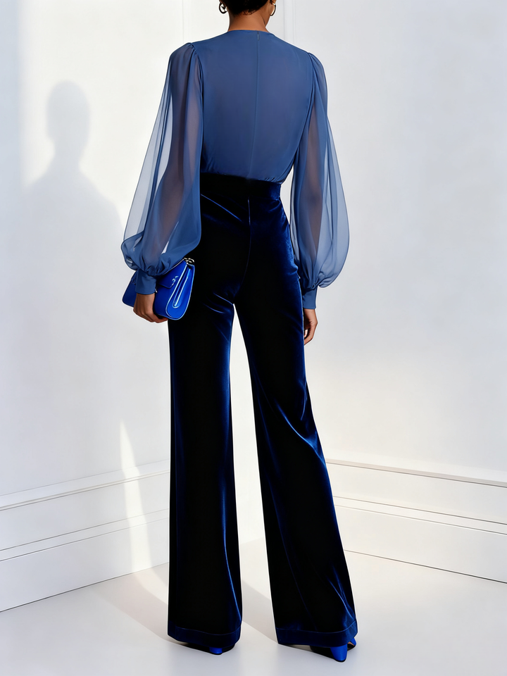 Chic women's blue V-neck mesh jumpsuit with long sleeves & wide leg, ideal for formal parties & evening events.