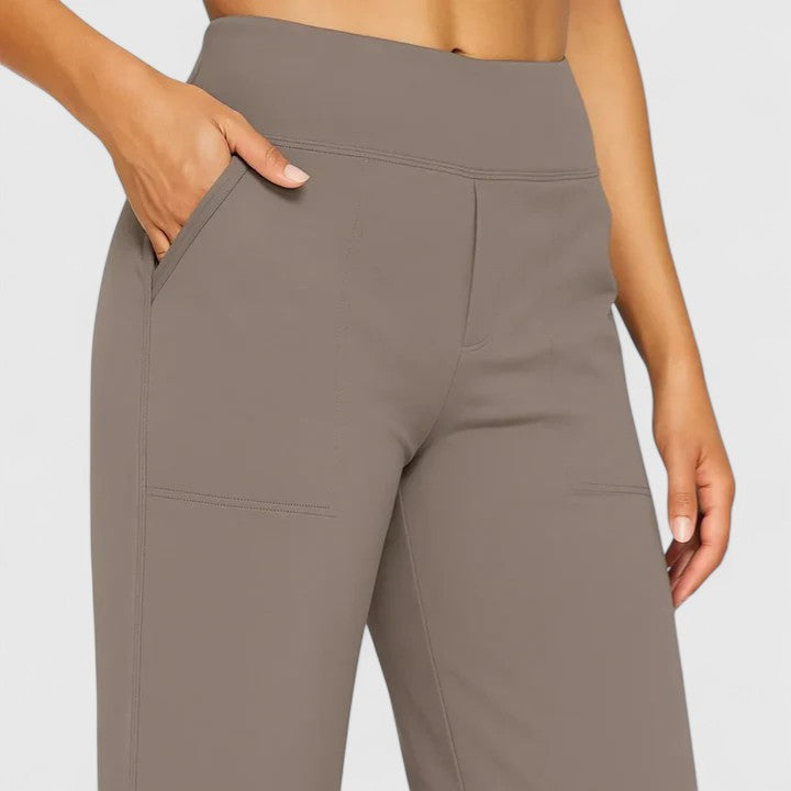 Side view of women's pull-on pants, showing their comfortable fit and sophisticated silhouette for versatile wear.