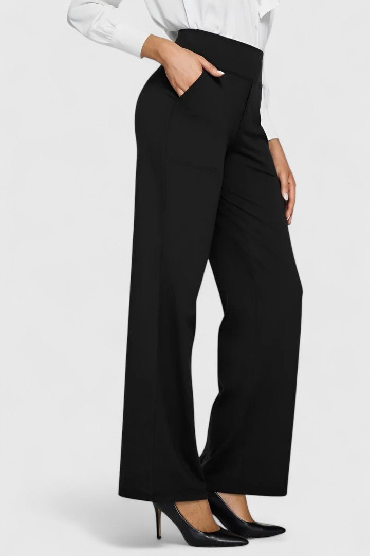Detail of the comfortable pull-on waistband on sophisticated women's pants, ensuring a smooth, effortless fit.