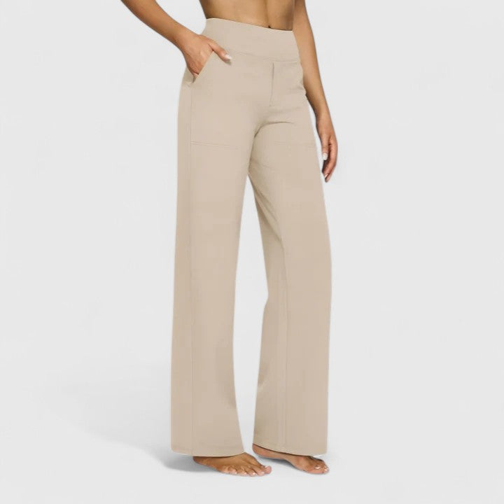 Close-up of soft fabric on women's pull-on sophisticated pants, showcasing comfort & quality for effortless style.