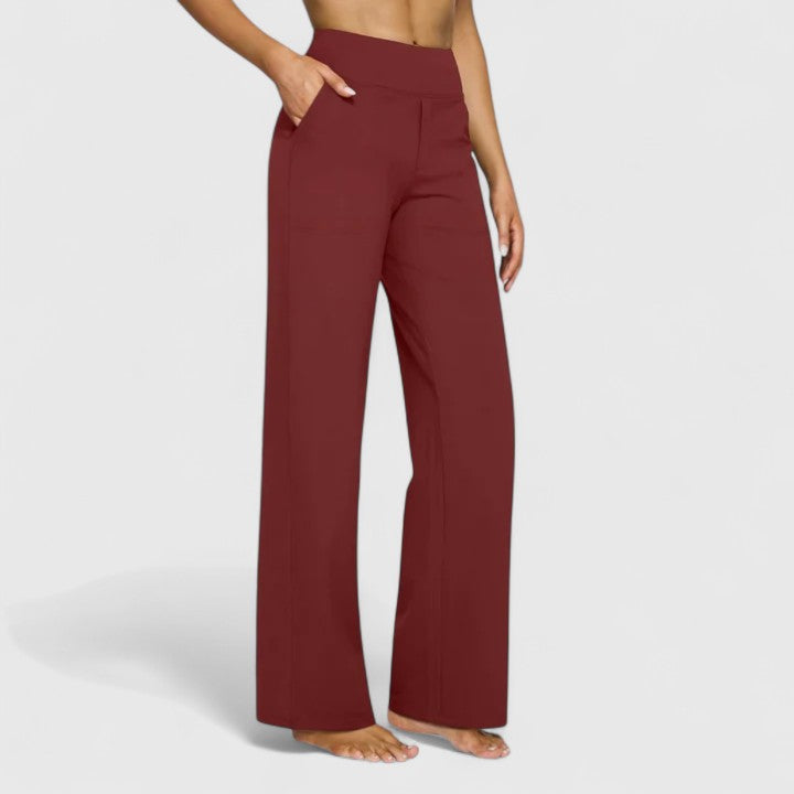 Full-length view of women's elegant pull-on pants, flowing beautifully for a sophisticated & comfortable look.