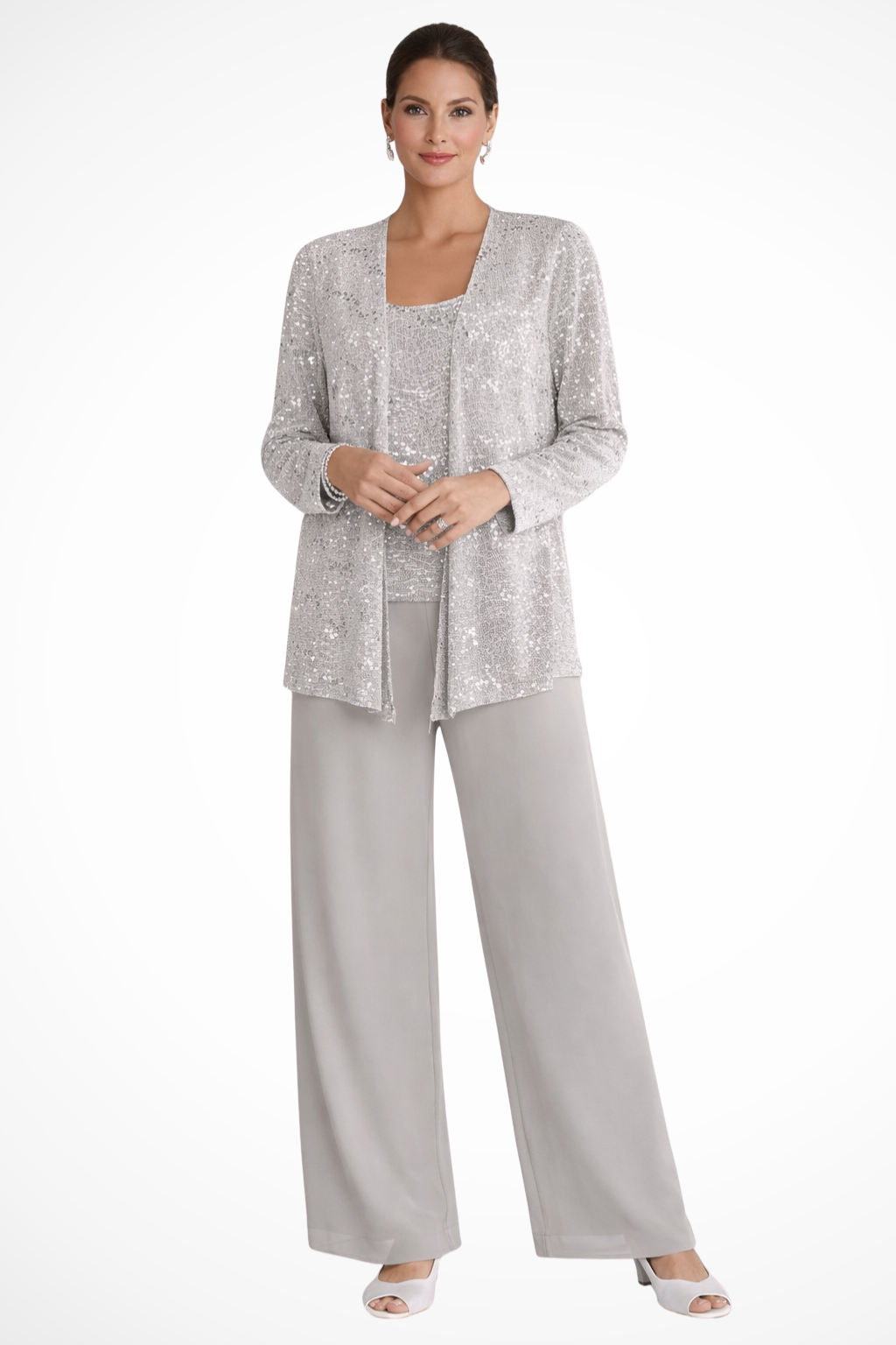 Women's sophisticated sequin 3-piece pant set with wide-leg trousers for formal evening wear.