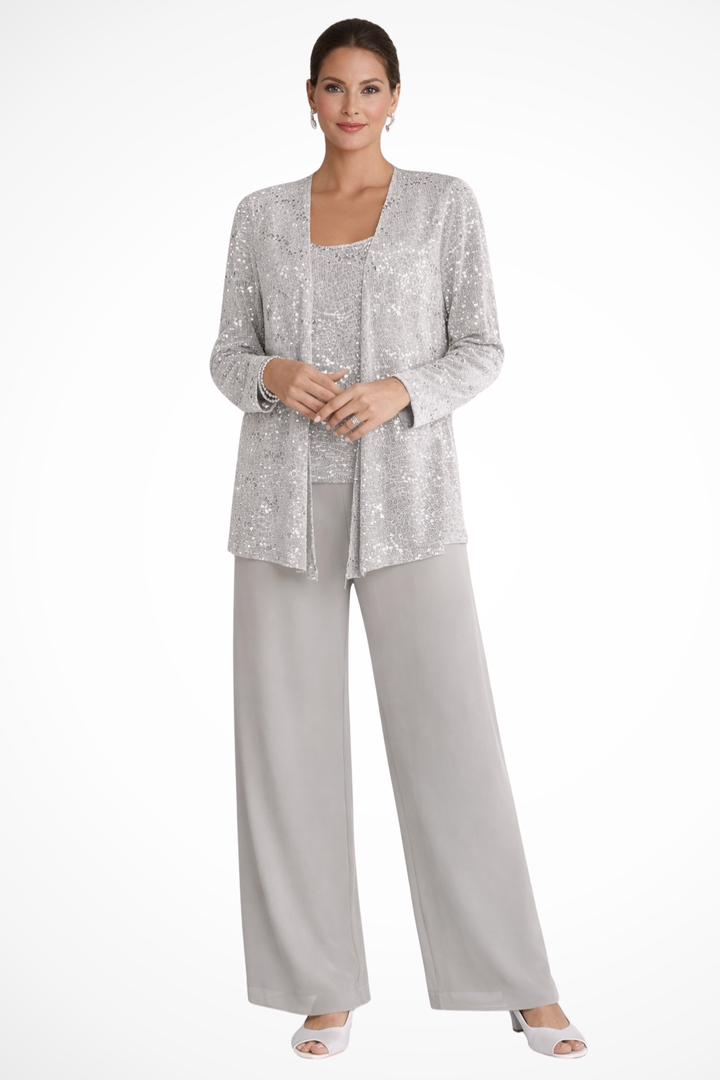 Women's sophisticated sequin 3-piece pant set with wide-leg trousers for formal evening wear.