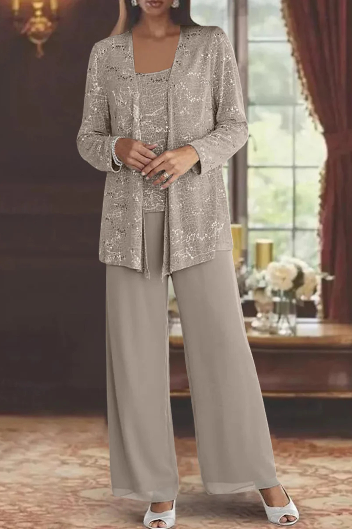 Luxurious women's sequin three-piece pant set, featuring a dressy cardigan for upscale events.