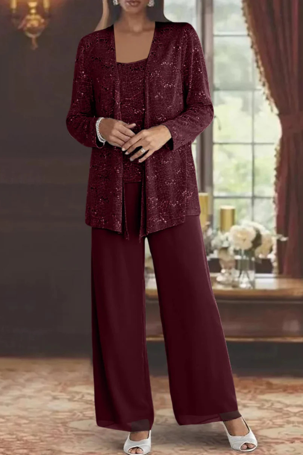 Trendy women's sequin 3-piece pant set, a glamorous and sophisticated choice for evening attire.