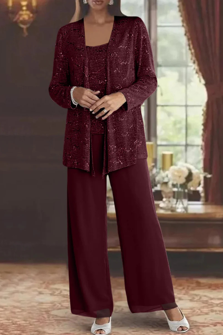 Trendy women's sequin 3-piece pant set, a glamorous and sophisticated choice for evening attire.