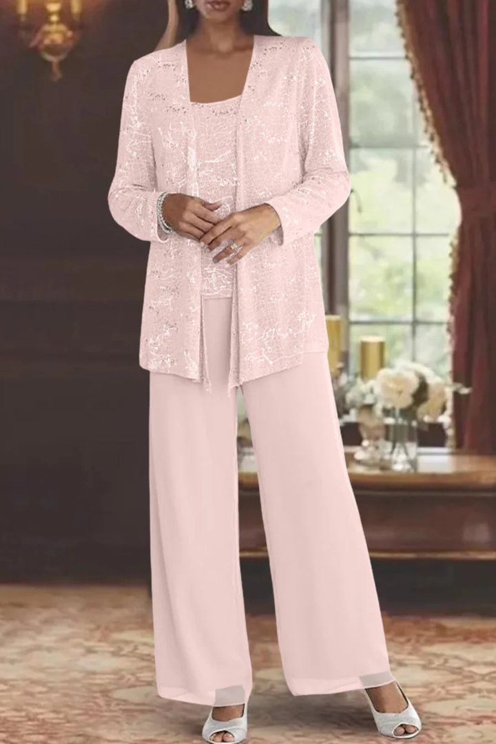 Sparkling & elegant women's sequin 3-piece pant set, perfect for a sophisticated formal look.