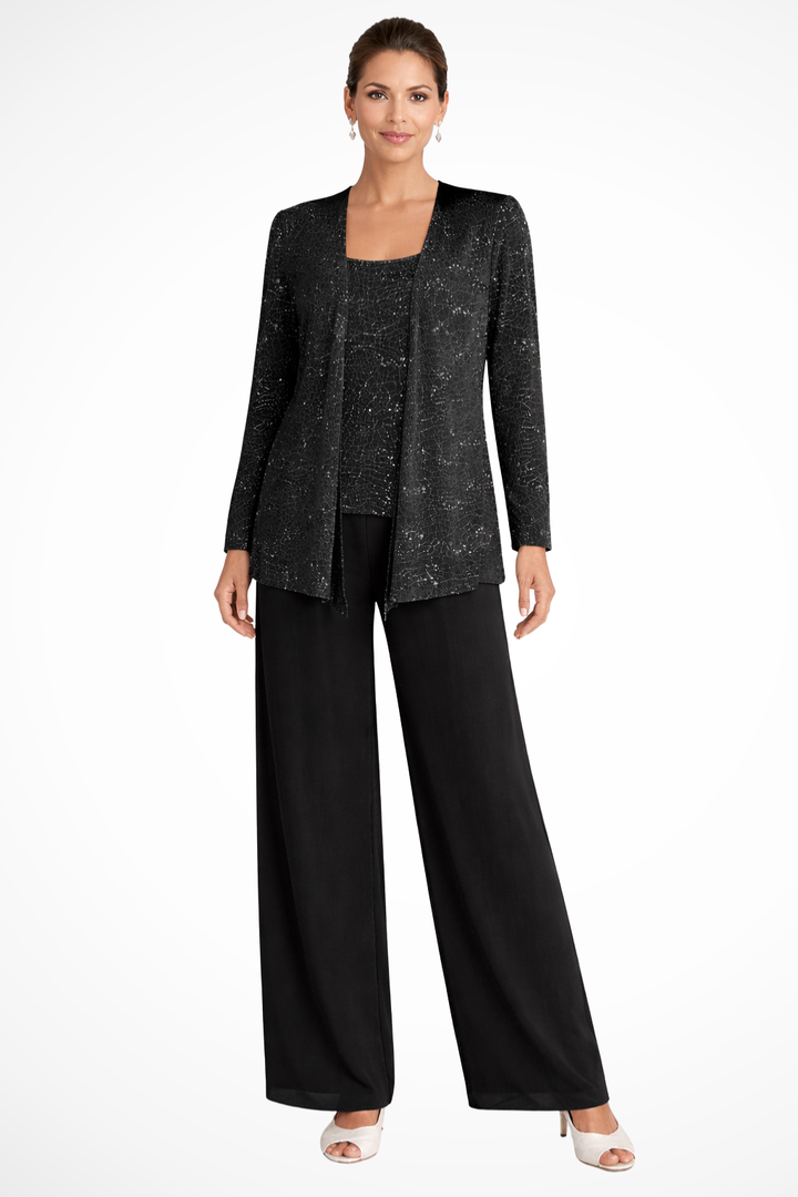 Formal women's sequin pant set with an elegant cardigan, camisole, and wide-leg trousers.