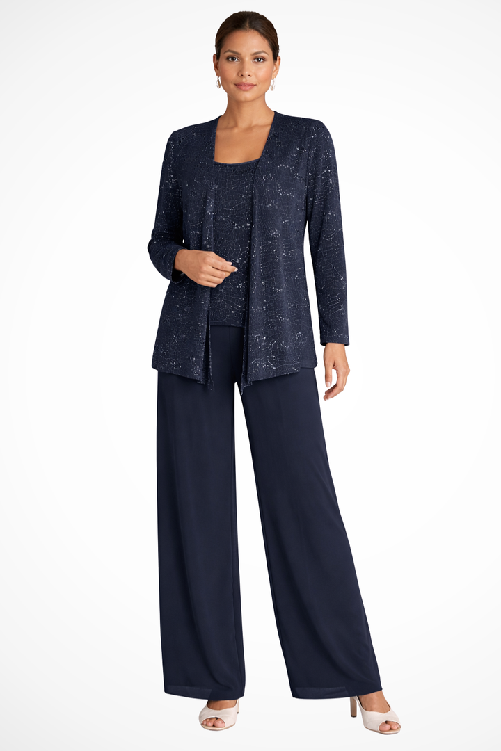 Women's elegant sequin wide-leg pant set, a matching 3-piece formal ensemble with cardigan.